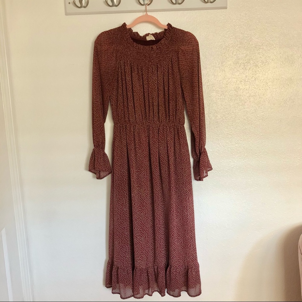Long red dress white floral pattern